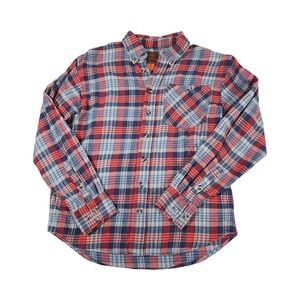 Ranch Tough Mens Plaid Flannel Shirt Medium Red White Blue Long Sleeve Cotton